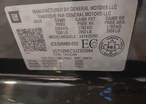 2018 GMC Sierra 1500 Slt from USA, damaged, VIN 1GTV2NEC3JZ333094